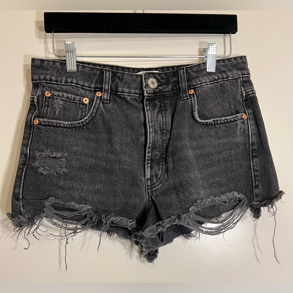 Zara Distressed Black Jean Shorts with Frayed Hem